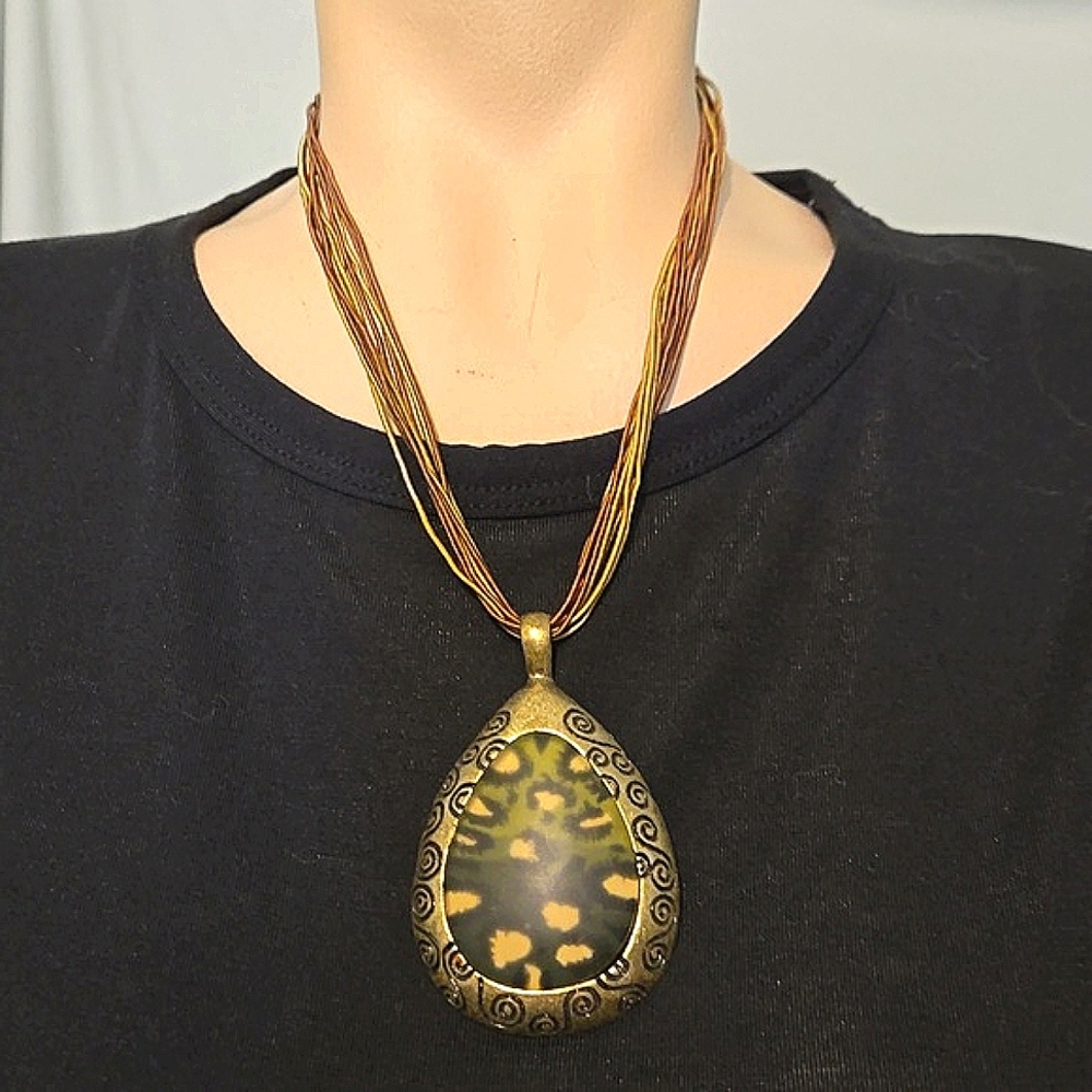 Unique brass, olive leopard necklace